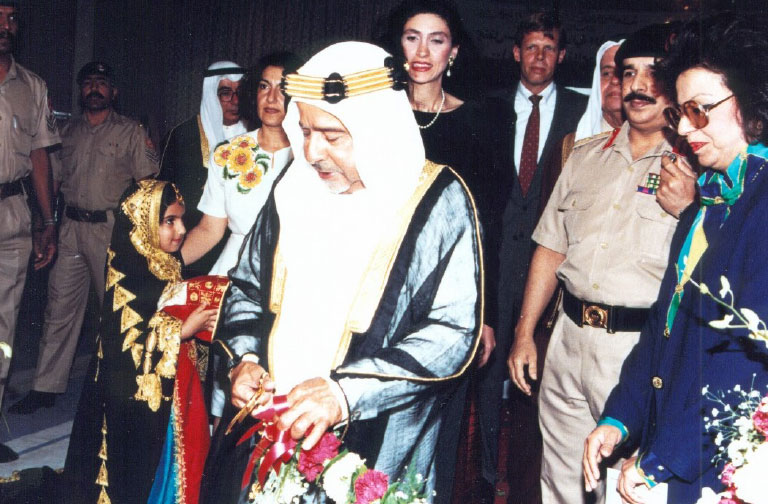 1992. Shaikh Isa, the ruler of Bahrain, opening an Art Exhibition marking 100 years of medical service by the American Mission.