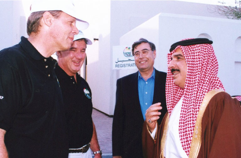 1997. His Majesty King Hamad – then the Crown Prince - with Paul Armerding (left), the Chief Medical Officer of the hospital,