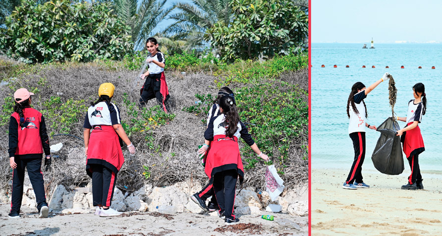 Canadian School Bahrain students taking part in a beach clean-up in Bahrain